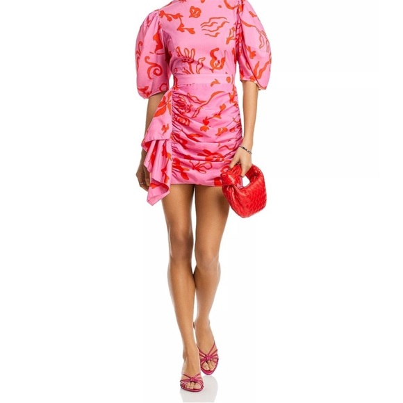 NWT RHODE Pia Pink Botanical Floral Abstract Mini Dress Ruffles Puff Sleeve 12 - Picture 3 of 15